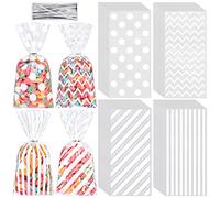 Aodaer 100 Pieces White Cellophane Bags Plastic Candy Gift Bags Cellophane Treat Bags with Twist Ties Stripes Polka Dot Printed Pattern Goodie Bags for Birthday Weddings Party Favors
