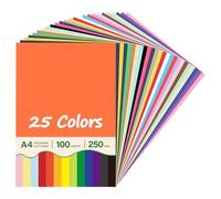 Aodaer 100 Sheets Coloured Cards, A4 Coloured Card Stock, 250 GSM Thick Multicoloured Card Paper, 25 Assorted Colors Handmade Origami Paper for DIY Crafting Scrapbooking Office Printing