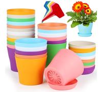 Aodaer 24 Pack 4 Inch Plastic Planters with Multiple Drainage Holes and Tray Indoor Outdoor Flower Plant Nursery Pots with Labels Flower Seedling Pots for Herb Garden Home Succulents, Assorted Colors