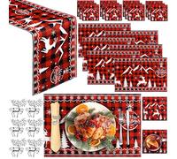 Aodaer 25 Pieces Christmas Table Decorations Christmas Table Runner and Placemats Set Reindeer Napkin Rings Buffalo Plaid Coasters for Drinks, Washable and Non-slip, Holiday Party Dining Decor