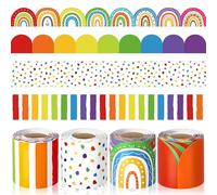 Aodaer 4 Rolls 131.2 Ft Rainbow Bulletin Board Borders Colorful Rainbow Dot Stripe Scalloped Rolled Board Trims 4 Styles Classroom Bulletin Borders Decorations for School Blackboard Office Wall Decor
