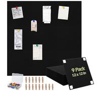 Aodaer 9 Pack Felt Bulletin Pin Board, 12 x 12 Inch Cork Boards for Wall, 9 mm Thick Pinboard Office Home Decor, with 40 Double Sided Adhesive Dots 50 Pushpins 20 Clips, Black