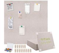 Aodaer 9 Pack Large Felt Bulletin Board, 12 x 12 Inch Felt Board Tiles, Cork Boards with 40 Double Sided Adhesive Dots 50 Pushpins 20 Clips, 9 mm Thick Pinboard for Wall Office Home Decor, Light Camel