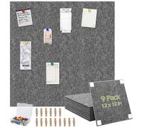 Aodaer 9 Pack Pin Board Tiles for Wall, 12 x 12 Inch Bulletin Pin Board, Cork Boards Office Home Decor, with 40 Double Sided Adhesive Dots 50 Pushpins 20 Clips, 9 mm Thick, Dark Gray