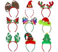Aodaer 9 Pieces Christmas Headbands with Assorted Designs Glitter Xmas Tree Reindeer Costume Headwear Christmas Antler Elf Hat Hair Hoops for Xmas Party Favors, Holiday Decorations, Photo Booth