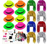 Aodaer 94-Piece Party Set - Funny Neon Gangster Hats, Metallic Foil Tinsel Wigs, Glasses, Photo Booth Props for Adults