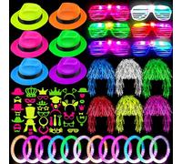 Aodaer 94 Pieces Neon Party Supplies kit Includes 6 Plastic Fedora Hats 6 Colorful Wigs 6 Flashing Light up Glasses 12 Glow Bracelets 44 Photo Booth Props 20 Hairpins for Glow Birthday Party Favors