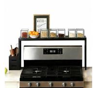 AODANC Over The Stove Shelf Wooden,31.5-inch Bamboo Spice Rack Top Over Stove For Above Hob,Height-Adjustable Organizer Storage Shelf For Kitchen (Black)