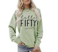 AODDUZZA Womens Hello Fifty Est 1975 Sweatshirt 50th Birthday Gifts Shirts Casual Long Sleeve Crewneck Pullover Tops (Olive Green,M)