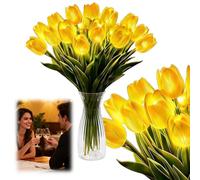 Aodejoy 15 Pcs Light up Tulips with Ribbon, LED Fake Tulips Real Touch Artificial Flowers, Radiant Romantic Tulip Light, Holding Flower Shaped Ambient Night Lamp for Bedroom Bedside Decor -Yellow