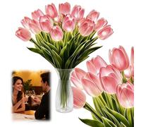 Aodejoy 15 Pcs Light up Tulips with Ribbon, LED Fake Tulips Real Touch Artificial Flowers, Radiant Romantic Tulip Light, Holding Flower Shaped Ambient Night Lamp for Bedroom Bedside Decor -Pink
