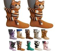 Aodejoy 3D Knit Animal Socks, New Novelty Floor Sock for Christmas, Cute Novelty Animal Stocking, Funny Hand Crochet Knit Sock, Winter Warm Home Floor Socks for Adults, Breathable Anti-Sweat (Cat)