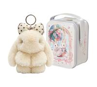 Aodejoy Bunny Keychain with Tin Box, LuLu Fuzzy Keyring, Fluffy Trinket, Soft Plush Pendant, Cute Rabbit Key Ring Charm, Handbag Ornaments for Women and Girls Boys-Beige with Bow
