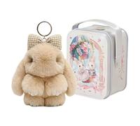 Aodejoy Bunny Keychain with Tin Box, LuLu Fuzzy Keyring, Fluffy Trinket, Soft Plush Pendant, Cute Rabbit Key Ring Charm, Handbag Ornaments for Women and Girls Boys-Brown with Bow