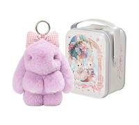 Aodejoy Bunny Keychain with Tin Box, LuLu Fuzzy Keyring, Fluffy Trinket, Soft Plush Pendant, Cute Rabbit Key Ring Charm, Handbag Ornaments for Women and Girls Boys-Purple with Bow