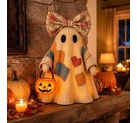 Aodejoy Lighted Vintage Patchwork Ghost, LED Light Up Ghost with Pumpkin Lantern Halloween Decor, Vintage Halloween Patchwork Ghosts Lamp, Rustic Fall Figurine for Mantel Shelf Entryway Porch-Fabric