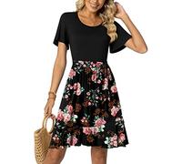 Aodemo Women Casual Summer Empire Waist Short Sleeves Work Dresses Ruffle Hem Swing Tie Waist Beach Dress M, Black/Rose Black