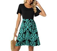 Aodemo Women Casual Summer Empire Waist Short Sleeves Work Dresses Ruffle Hem Swing Tie Waist Beach Dress L, Black/Fl Blue-Green