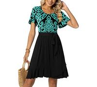 Aodemo Women Casual Summer Empire Waist Short Sleeves Work Dresses Ruffle Hem Swing Tie Waist Beach Dress M, Fl Blue-Green/Black