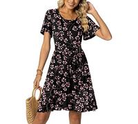 Aodemo Women Casual Summer Empire Waist Short Sleeves Work Dresses Ruffle Hem Swing Tie Waist Beach Dress XL, Gypsophila Black
