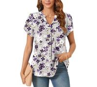 Aodemo Women's Summer Chiffon V Neck Blouses Tulip Short Sleeves Dressy Tunic Office Tops Casual Loose T-Shirts M, Gray-Purple Flower