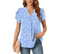 Aodemo Women's Summer Chiffon V Neck Blouses Tulip Short Sleeves Dressy Tunic Office Tops Casual Loose T-Shirts XL, Blue White Flower