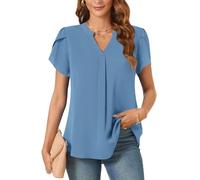 Aodemo Women's Summer Chiffon V Neck Blouses Tulip Short Sleeves Dressy Tunic Office Tops Casual Loose T-Shirts 2XL, Blue