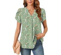 Aodemo Women's Summer Chiffon V Neck Blouses Tulip Short Sleeves Dressy Tunic Office Tops Casual Plus Size T-Shirts 2XL, Green Flowers