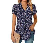 Aodemo Women's Summer Dressy Collared V Neck Chiffon Blouse Short Sleeve Tunic Tops Casual Pleated T-Shirts M, Floral Navy Blue