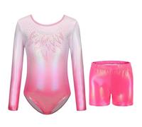 AODOKAT Gymnastics Leotards for Girls with Shorts Set, Long Sleeve/Sleeveless Dance Leotard Sparkling Ballet Dancewear for Kids 5-14 Years (Pink-long sleeved, 7-8 Years)