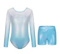 AODOKAT Gymnastics Leotards for Girls with Shorts Set, Long Sleeve/Sleeveless Dance Leotard Sparkling Ballet Dancewear for Kids 5-14 Years (Turquoise-long sleeved, 5-6 Years)