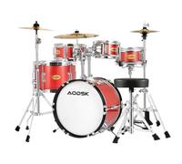 AODSK Red 5-Piece Drum Kit With Adjustable Throne,Cymbal, Hi-Hat, Pedal | 14 inch Poplar wood shells,chrome hardware & brass cymbals for Beginners.Great for home school, gifts.