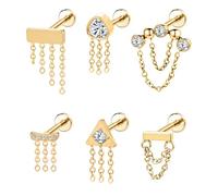 Aoedej 16G Hidden Helix Earrings Dangle Internally Threaded Flat Back Cartilage Studs CZ Stud with Chain Surgical Steel Chains Helix Earring for Women Piercing Jewelry for Conch Tragus Lip Labret