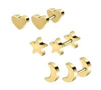 AOEDEJ 3 Pairs Cartilage Earrings for Women Screw Back Hypoallergenic Stud Earring Tiny Star Moon Heart Design Conch Tragus Helix Piercing Jewelry Gift for Her