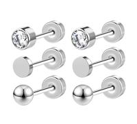 AoedeJ 3Pairs G23 Titanium Silver Flat Back Stud Earrings Hypoallergenic CZ Heart Stars Ball Cartilage Earring Studs for Women Men Helix Tragus Conch Helix Piercing Jewelry Gift