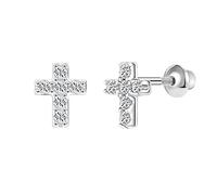 AoedeJ Sterling Silver Cubic Zirconia Cross Earrings For Women Cross Stud Earrings Flat Back Earrings Cross Earrings for Girls (Cross)