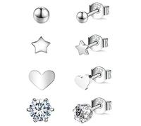 Aoen 925 Sterling Silver Stud Earrings Set | Tiny/Small Hypoallergenic Stud Earrings | Cubic Zirconia Stud Earrings for Women Girls (4 Pairs)