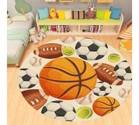 AOESELN 100cm Sport Rugs Round Fun Kids Rug Faux Wool Carpet for Boys Girls Childrens Room, Kid Play mat Balls Print With Soccer Basketball Football Tennis Ball Bedroom Playroom