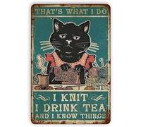 Aoevc Black Cat Needlework Metal Tin Sign,that's What I Do I Knit I Drink Tea And I Know Things Woman Cave Decor Signs Home Garage Bar Sign Coffee Farm Country Kitchen Wall Home Decor 6x8 Inch