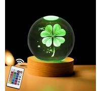 AOFEGRLT 80mm Four Leaf Clover 3D Crystal Ball, Remote Control, LED Light Base, 16 Colors Change, Glass Sphere Lamp, Good Luck Gifts for Women Kids