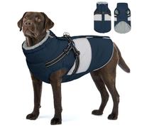 AOFITEE Dog Coat for Large Dogs Waterproof Dog Winter Jacket with Harness | Reflective Waterproof Dog Jackets Winter with Zipper & Furry Collar, Warm Fleece Pet Snowsuit for Golden Retriever, Navy 2XL