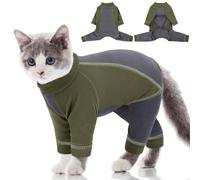 AOFITEE Sticky Hair Cat Onesie, Full Coverage Cat Jumper for Cats Only, Stretchy Cats Clothes with Four-leg Fleece Kitten Pajamas Reduce Shedding Fur, Long Sleeve Kitten Pullover Shirts, ArmyGreen S