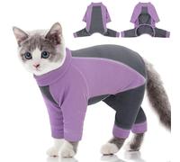 AOFITEE Sticky Hair Cat Onesie, Full Coverage Cat Jumper for Cats Only, Stretchy Cats Clothes with Four-leg Fleece Kitten Pajamas Reduce Shedding Fur, Long Sleeve Pullover Shirts for Kitten, Purple S