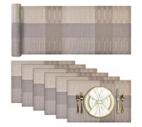 Aofmee Table Runner and Placemats, Heat Resistant Table Mats Set of 6, Washable PVC Place Mats with Runner, Woven Vinyl Plastic Placemats for Kitchen Dining, Non-Slip Stain Resistant Outdoor Placemat