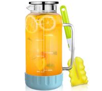 Aofmee Water Jug for Fridge, 2L Glass Jug with Lid and Silicone Base, Fridge Jar with Spout and Precise Scale Line, Pitcher Carafe for Milk Juice Coffee Sangria Cold or Hot Beverages, Anti-Slip (Blue)
