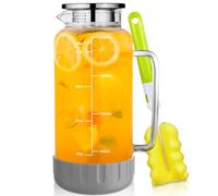 Aofmee Water Jug for Fridge, 2L Glass Jug with Lid and Silicone Base, Fridge Jar with Spout and Precise Scale Line, Pitcher Carafe for Milk Juice Coffee Sangria Cold or Hot Beverages, Anti-Slip (Grey)