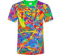 aofmoka Elephant Pegion Splash Paint Island Tree Horse Time Watch Fantasy Blacklight UV Neon Fluorescent T-Shirt, Size Large
