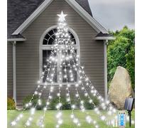 Aofonchy Solar Christmas Tree Lights, 2M/ 6.6FT x 9 Strands Waterfall Tree Lights with Topper Star, 198LED Waterproof Xmas Tree Decorative Light with Remote & 8 Modes for Xmas Garden Tree Decor