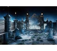 AOFOTO 10x7ft Halloween Night Cemetery Backdrop for Pictures Starry Sky Wild Grass Ancient Building Iron Gate Fence Tombstone Old Graveyard Scene Background Photography Headstone Studio Props Vinyl