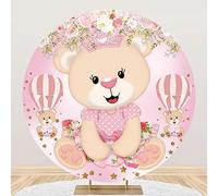 AOFOTO 6.5x6.5ft Pink Bear Baby Shower Round Backdrop Cover Watercolor Flowers Hot Air Balloon Stars Teddy Girl Birthday Party Photography Backkground Newborn Gender Reveal Photo Booth Props